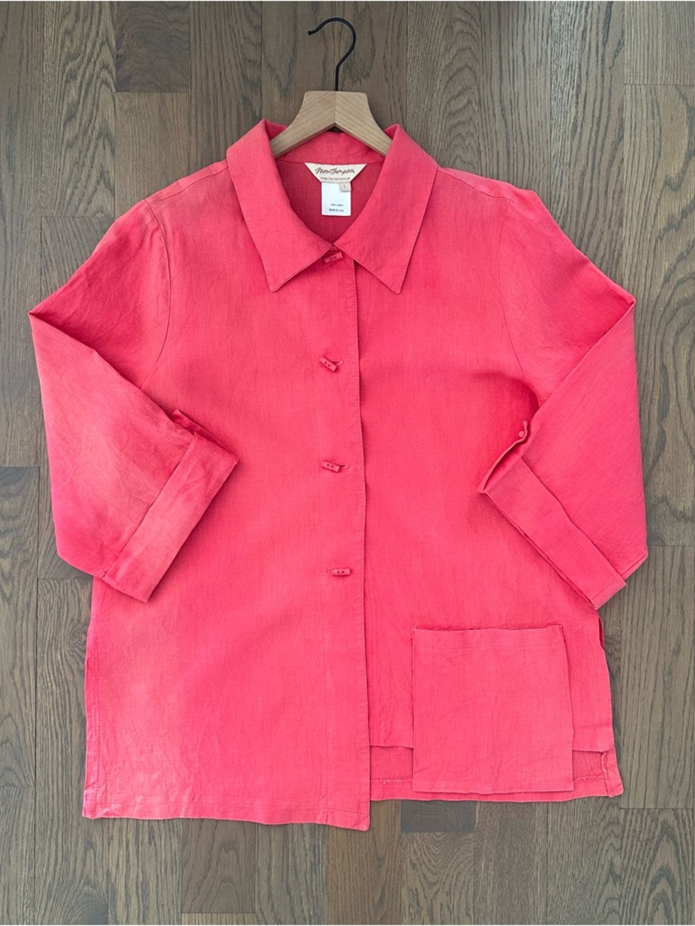 Vintage Linen Asymmetrical Collared Chore Coat Jacket in Coral Pink Large